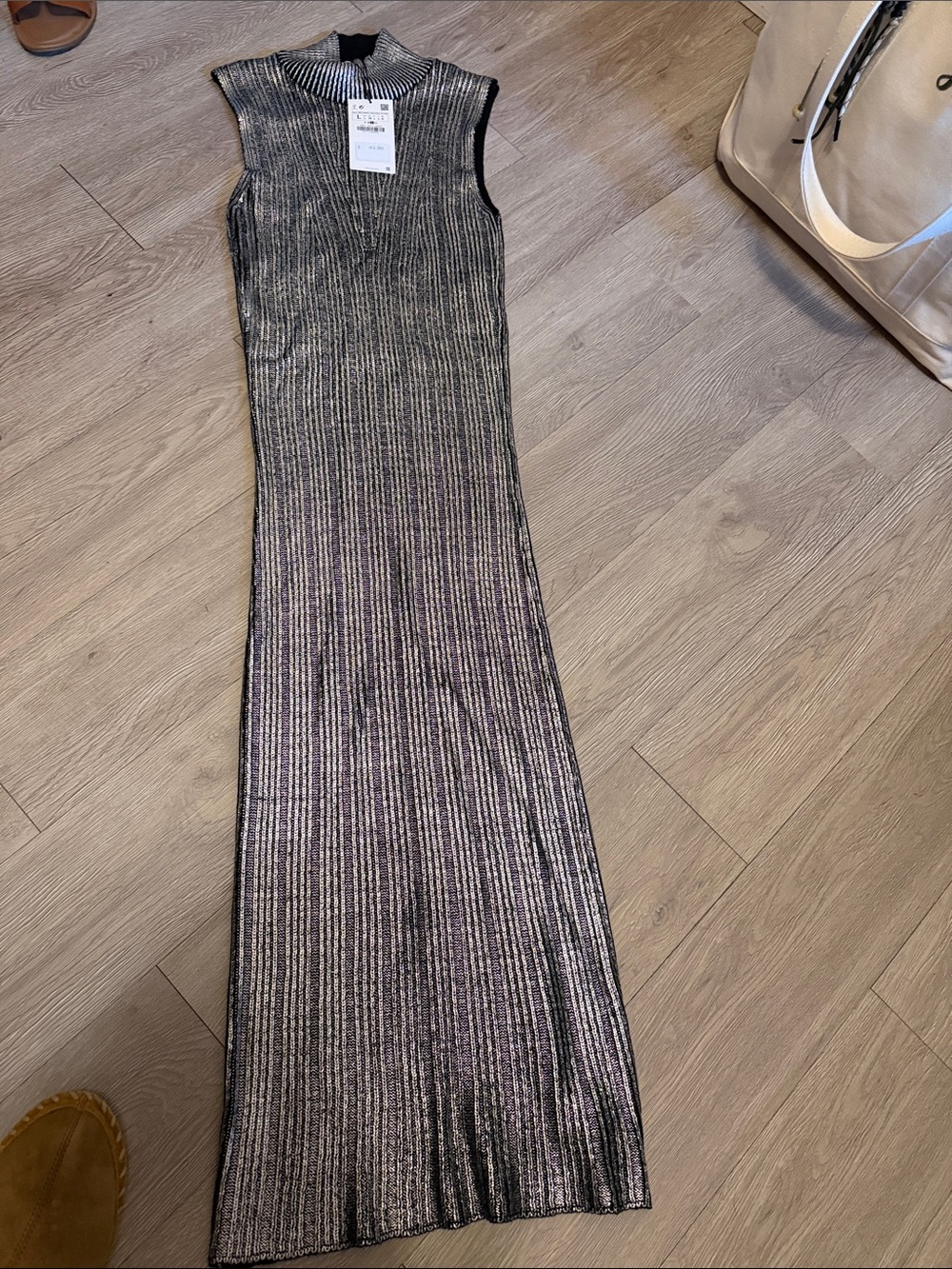 Zara Silver Metallic Ribbed Sleeveless Maxi Dress